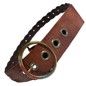 Bohemian Leather Braided Belt with Ornate Circle Buckle Adjustable